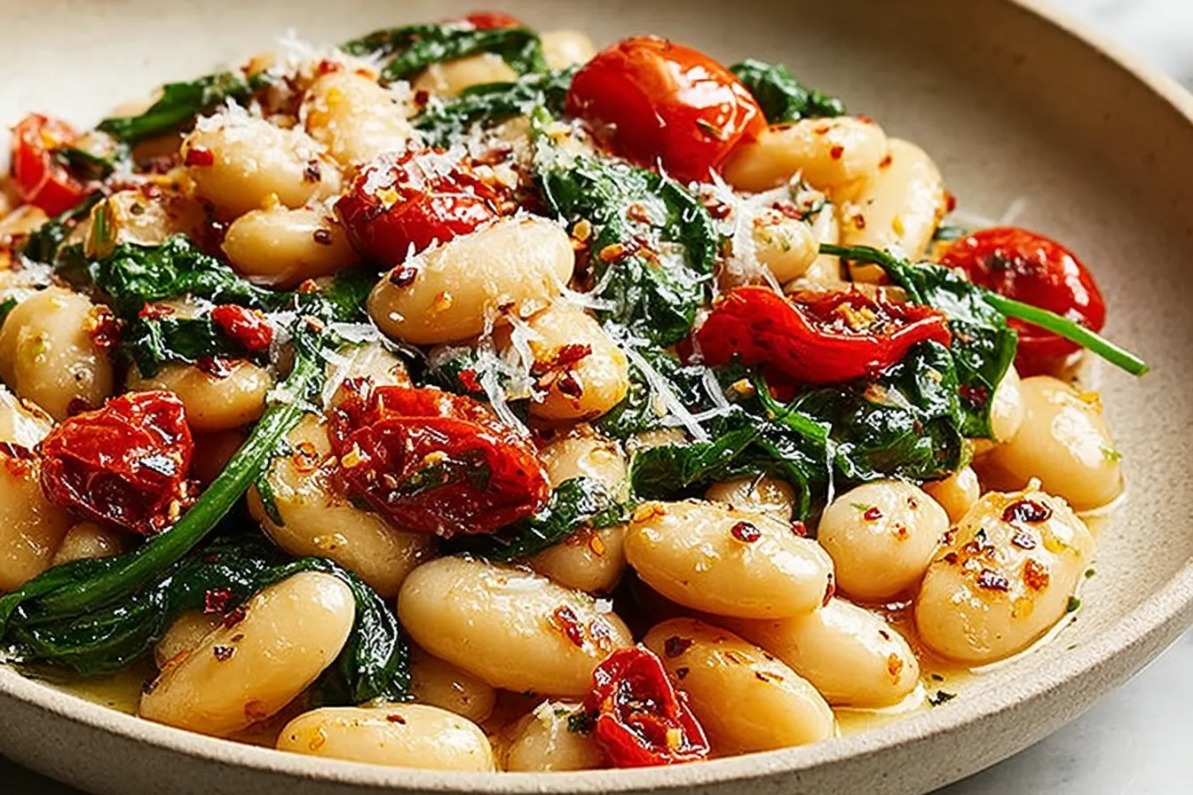 Tuscan Marry Me Butter Beans topped with Parmesan and red pepper flakes