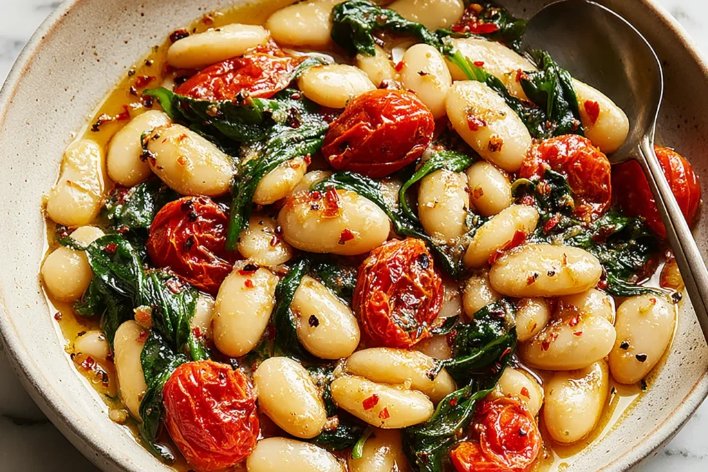 Tuscan Marry Me Butter Beans in a creamy skillet with tomatoes and greens