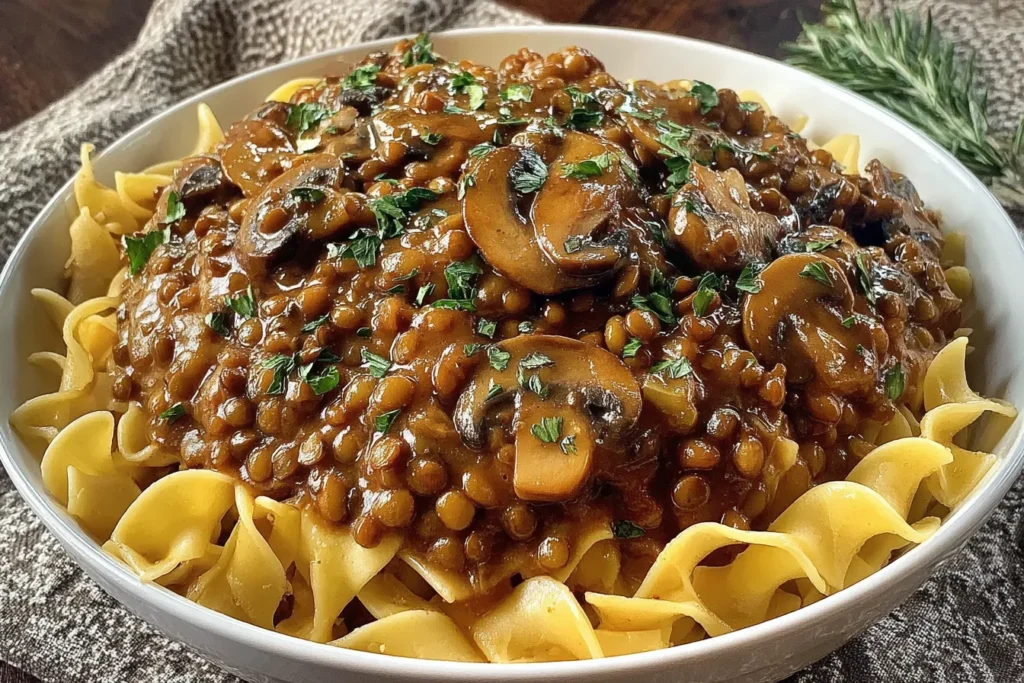 Vegan Lentil Mushroom Stroganoff served over fettuccine with creamy mushroom lentil sauce