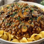Vegan Lentil Mushroom Stroganoff served over fettuccine with creamy mushroom lentil sauce