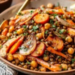 Warm Chickpea and Lentil Salad with Carrots served warm with sautéed onions, chickpeas, lentils, and fresh herbs in a rustic bowl