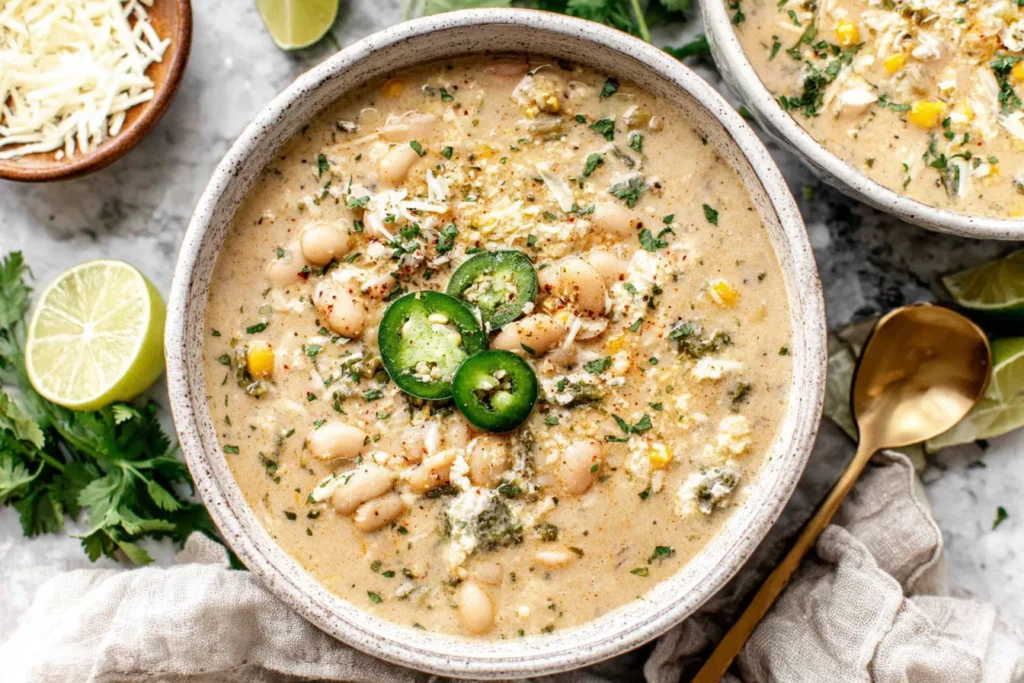 White Bean Enchilada Soup garnished with jalapeños, corn, herbs, and cheese in a rustic bowl