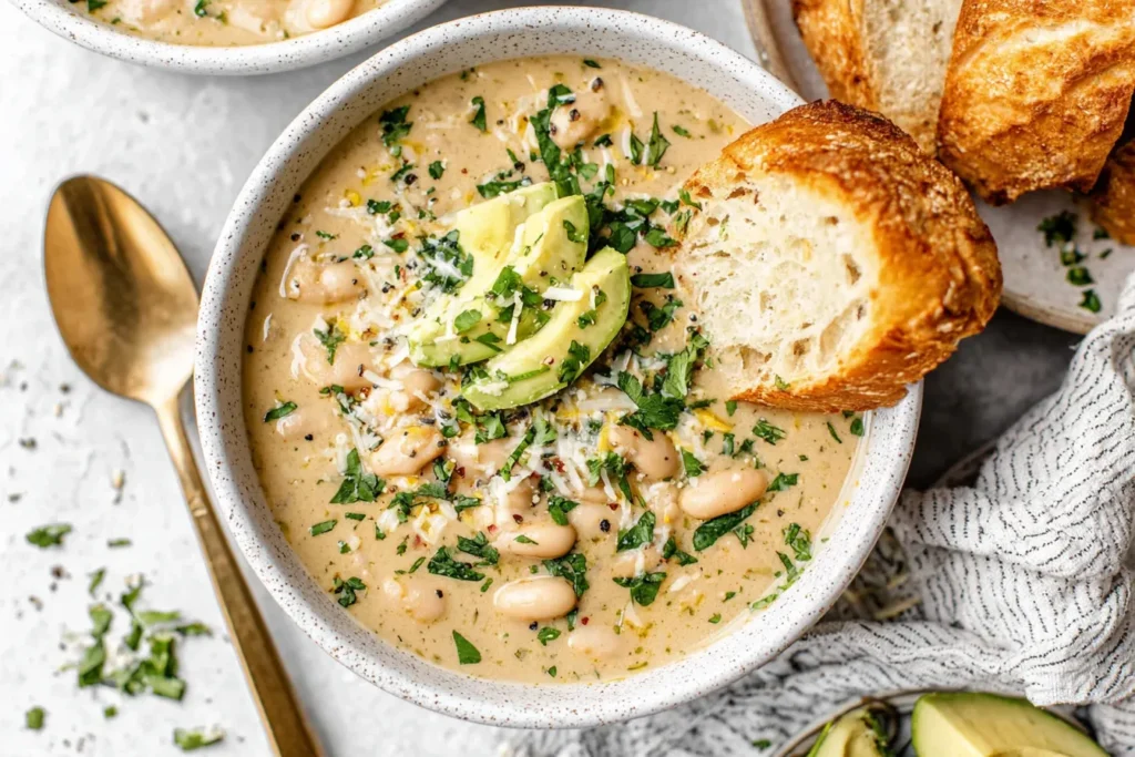 Creamy White Bean Enchilada Soup topped with avocado slices and fresh herbs, served with crusty bread