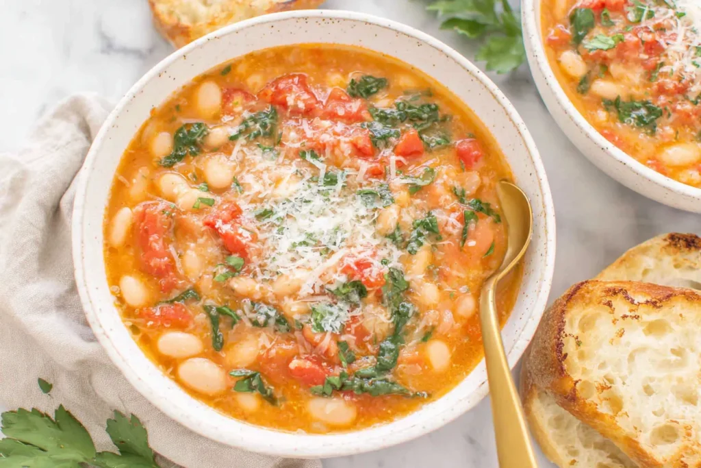 Freshly made White Bean & Tomato Soup with spinach and parmesan