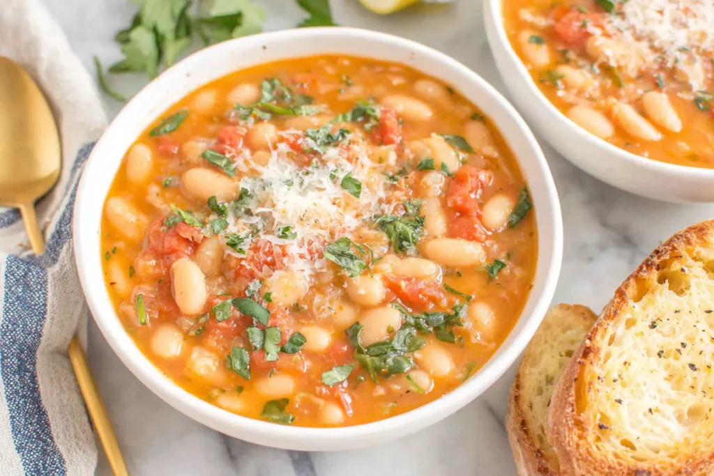 White Bean & Tomato Soup served with golden toasted bread