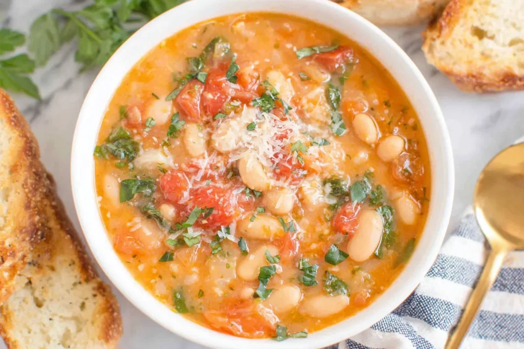 Hearty bowl of White Bean & Tomato Soup with parmesan and parsley