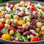Zesty Bean Salad with Feta featuring cannellini beans, chickpeas, fresh vegetables, and crumbled feta cheese