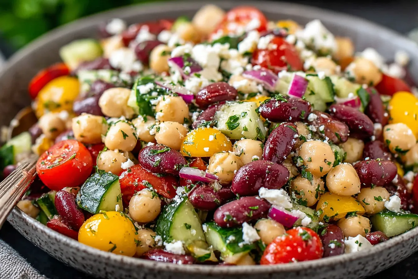 Zesty Bean Salad with Feta featuring cannellini beans, chickpeas, fresh vegetables, and crumbled feta cheese