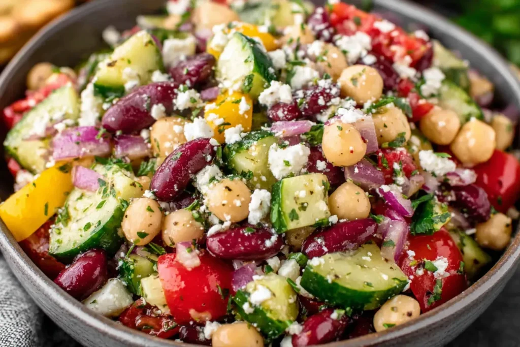 Zesty Bean Salad with Feta made with chickpeas, kidney beans, cucumber, tomatoes, and fresh herbs in a bowl