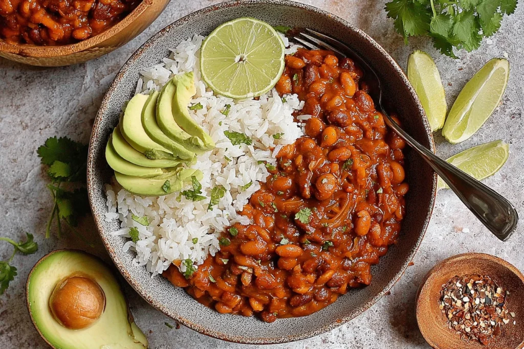 Vegan Chili Recipe served with fluffy white rice, sliced avocado, and lime wedges in a bowl, topped with fresh cilantro.