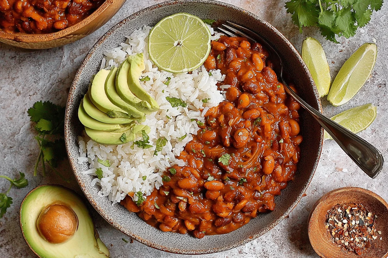 Vegan Chili Recipe served with fluffy white rice, sliced avocado, and lime wedges in a bowl, topped with fresh cilantro.
