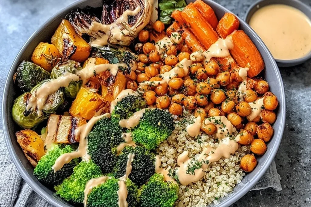 Roasted Veggie Chickpea Bowls with quinoa, crispy chickpeas, roasted carrots, broccoli, and Brussels sprouts drizzled with creamy tahini dressing.
