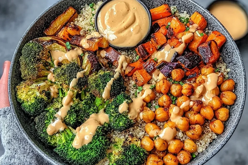 Roasted Veggie Chickpea Bowls with quinoa, roasted broccoli, sweet potatoes, chickpeas, and creamy tahini dressing in a black bowl.