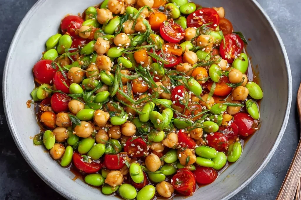 Chickpea Edamame Salad with Ginger Sesame Vinaigrette with cherry tomatoes, sesame seeds, and sliced green onions in a gray bowl.