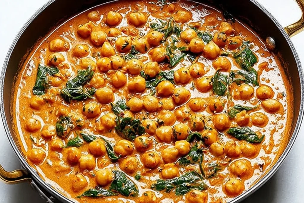 Stovetop Chickpea Curry Recipe simmering in a creamy coconut tomato sauce with tender spinach.