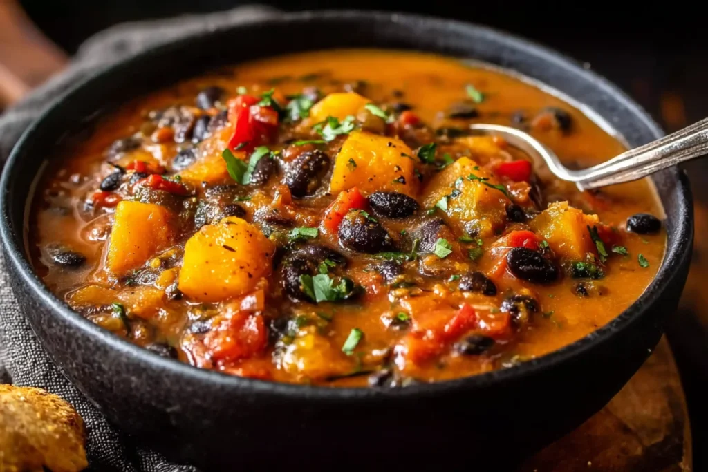 Hearty Black Bean and Squash Stew served in a black bowl with butternut squash chunks, black beans, tomatoes, and herbs.