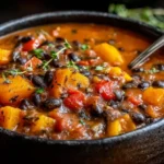 Hearty Black Bean and Squash Stew in a black bowl with tender butternut squash cubes, black beans, tomatoes, and fresh thyme.