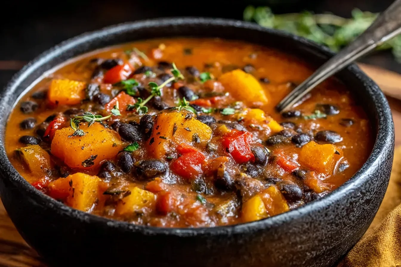 Hearty Black Bean and Squash Stew in a black bowl with tender butternut squash cubes, black beans, tomatoes, and fresh thyme.