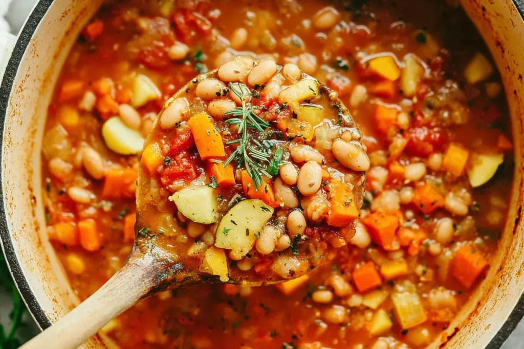 Spoonful of hearty Bean Stew with white beans, diced carrots, potatoes, tomatoes, and herbs in a rich broth.