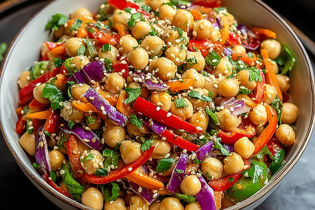 Crunchy Thai Chickpea Salad piled in a bowl with chickpeas, red bell pepper, shredded carrots, purple cabbage, cilantro, and sesame seeds.
