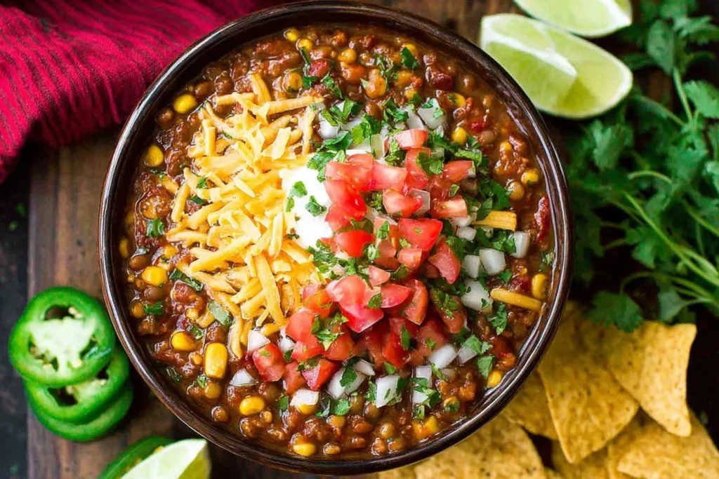 Slow Cooker Lentil Taco Chili in a bowl topped with shredded cheese, sour cream, pico de gallo, cilantro, and jalapeño slices, served with tortilla chips.
