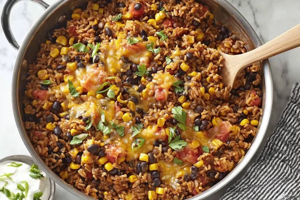 Southwest Lentils And Rice Skillet in a stainless-steel pan with black beans, corn, fire-roasted tomatoes, melted cheddar, and cilantro.