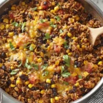 Southwest Lentils And Rice Skillet in a stainless-steel pan with black beans, corn, fire-roasted tomatoes, melted cheddar, and cilantro.