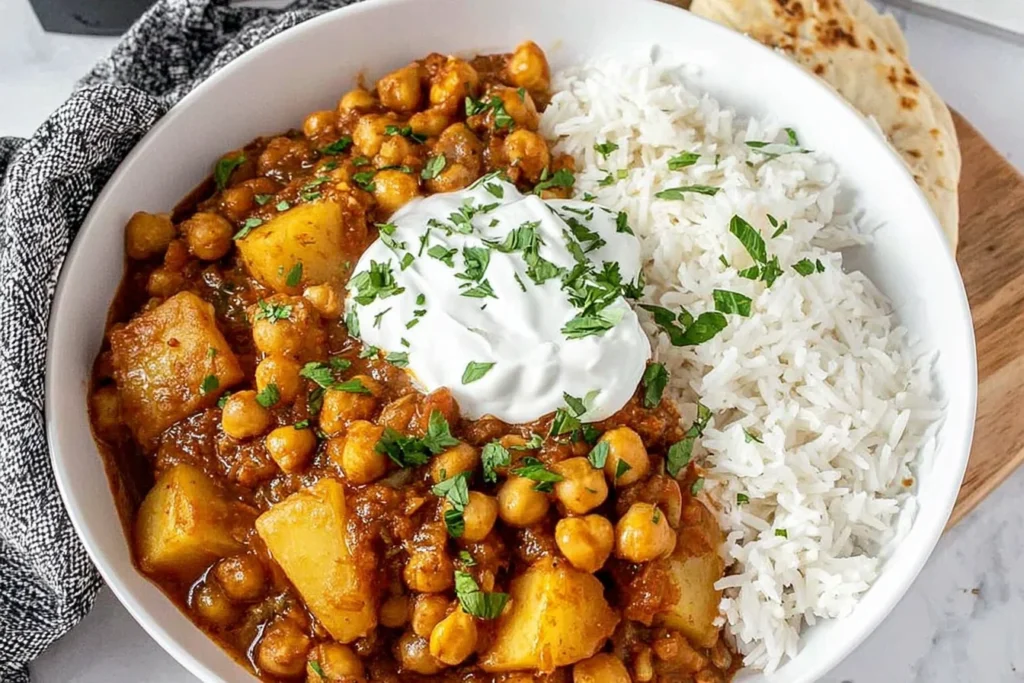 Chickpea and Potato Curry served with fluffy basmati rice, topped with a dollop of yogurt and fresh herbs in a white bowl.