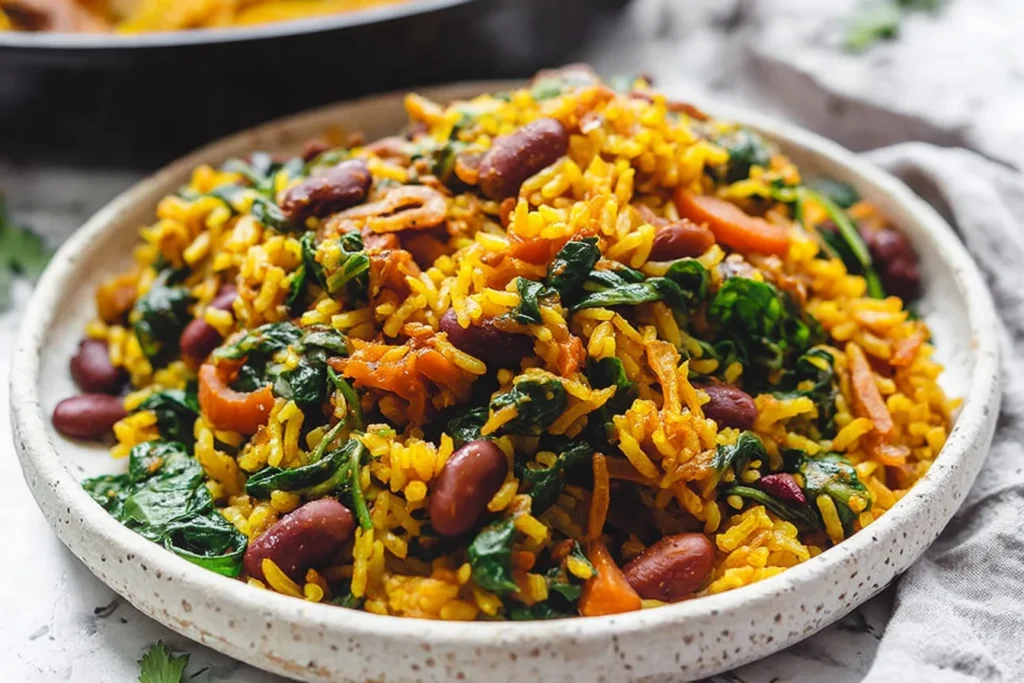 Vegan Caribbean Pelau with Beans and Spinach served in a rustic bowl—golden coconut rice with red beans, carrots, and tender spinach.