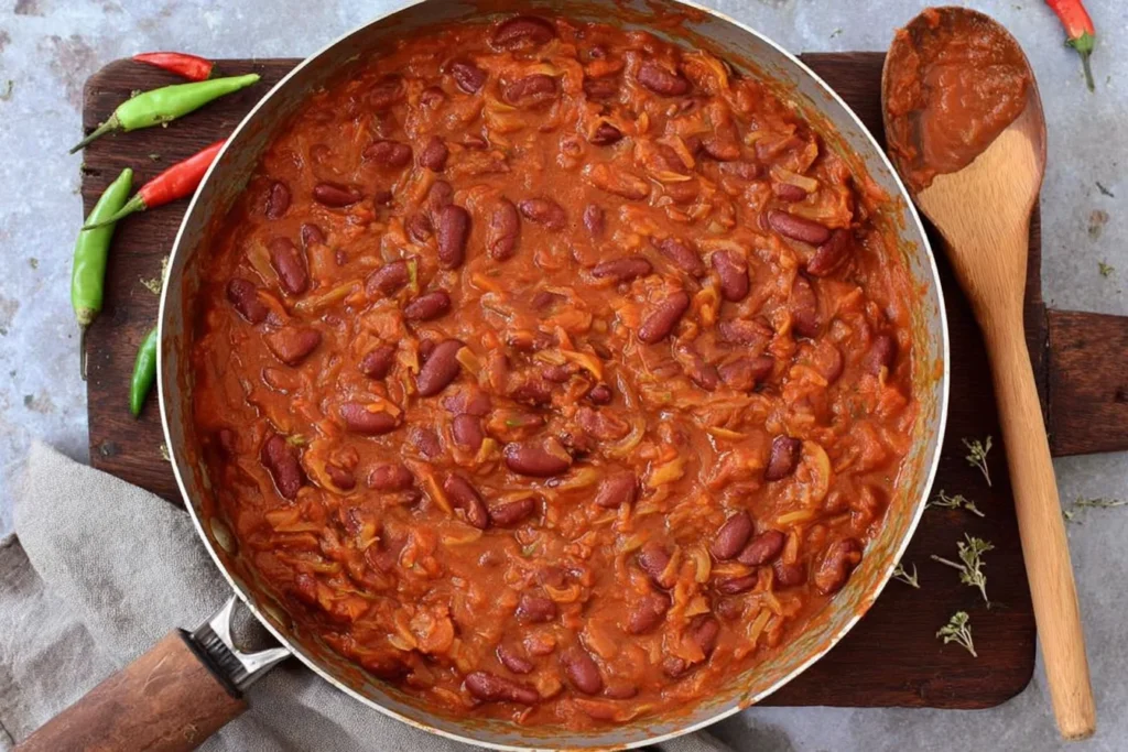 Vegan Chili Recipe simmering in a skillet with kidney beans in a thick, smoky tomato sauce, with fresh chili peppers on the side.