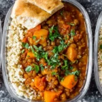 Moroccan Instant Pot Lentils meal prep bowls with sweet potatoes, tomatoes, and parsley served beside fluffy couscous and warm bread.