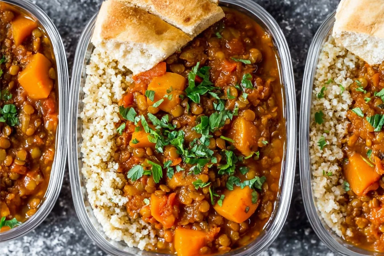 Moroccan Instant Pot Lentils meal prep bowls with sweet potatoes, tomatoes, and parsley served beside fluffy couscous and warm bread.
