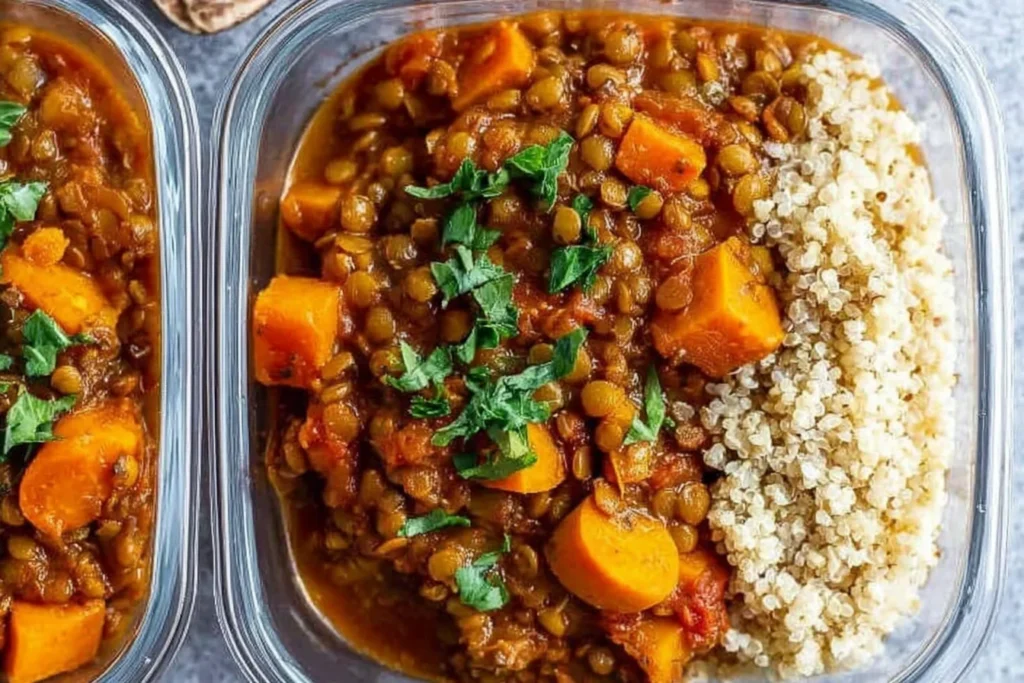 Moroccan Instant Pot Lentils served with quinoa, sweet potatoes, carrots, and parsley in a meal prep container.
