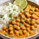 Creamy Chickpea Curry Recipe served with fluffy white rice, topped with fresh cilantro and a lime wedge.