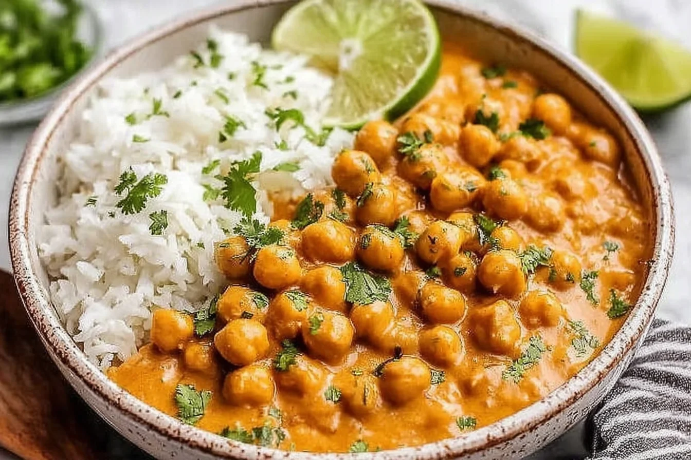 Creamy Chickpea Curry Recipe served with fluffy white rice, topped with fresh cilantro and a lime wedge.