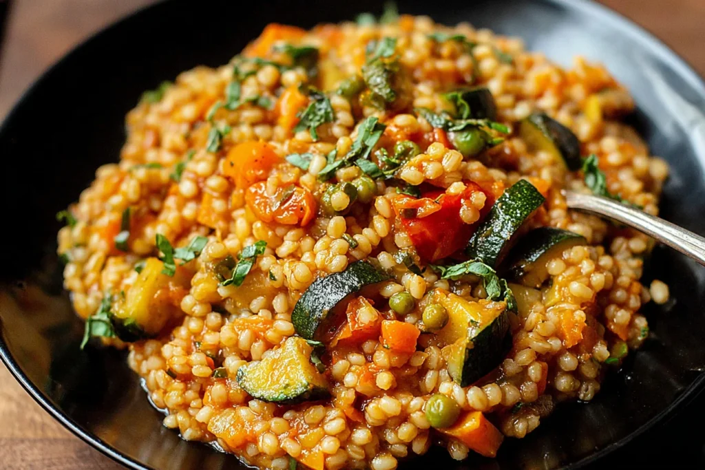 Pearl Barley Vegetable Risotto packed with zucchini, tomatoes, carrots, and peas, finished with fresh herbs in a hearty, creamy bowl.