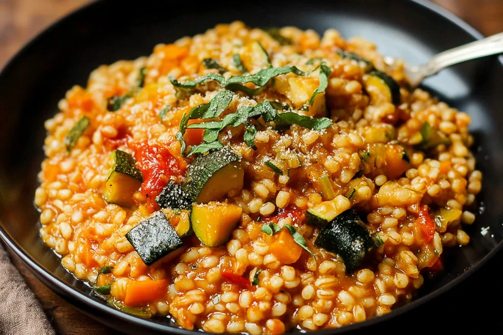 Pearl Barley Vegetable Risotto with roasted tomatoes, zucchini, and peppers in a creamy, hearty bowl, topped with fresh herbs.