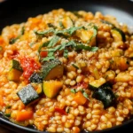 Pearl Barley Vegetable Risotto with roasted tomatoes, zucchini, and peppers in a creamy, hearty bowl, topped with fresh herbs.