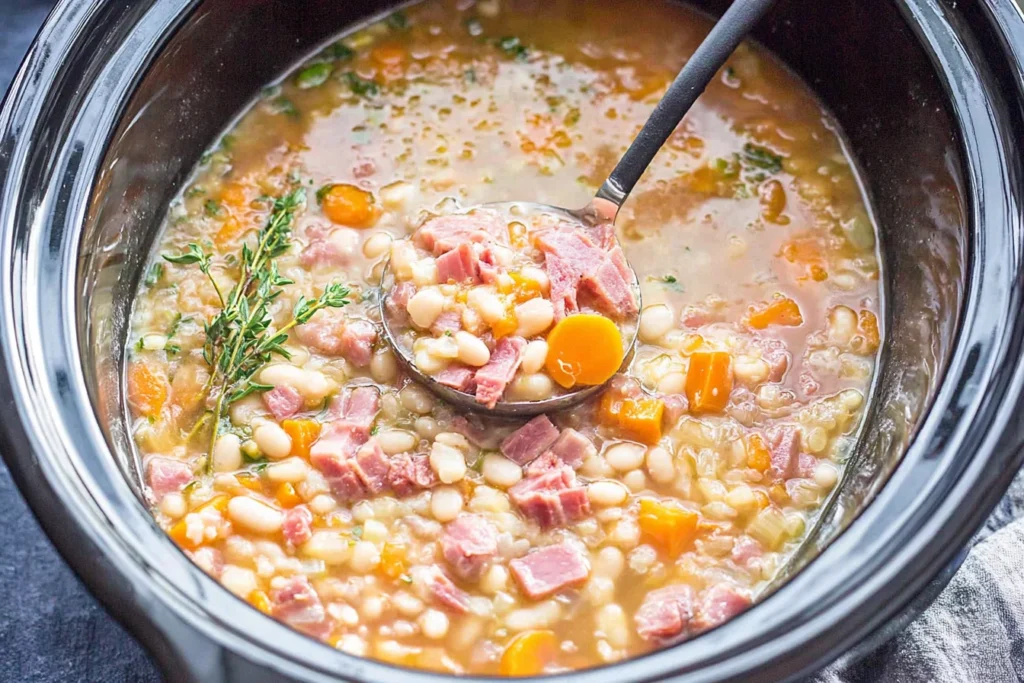 Slow cooker Ham and Bean Soup simmering with navy beans, diced ham, carrots, onion, garlic, and thyme, with a ladle scooping a hearty portion.