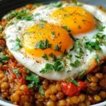 Savory Lentil Breakfast Bowl topped with two jammy sunny-side eggs, herby parsley, and hearty lentils in a rustic bowl.