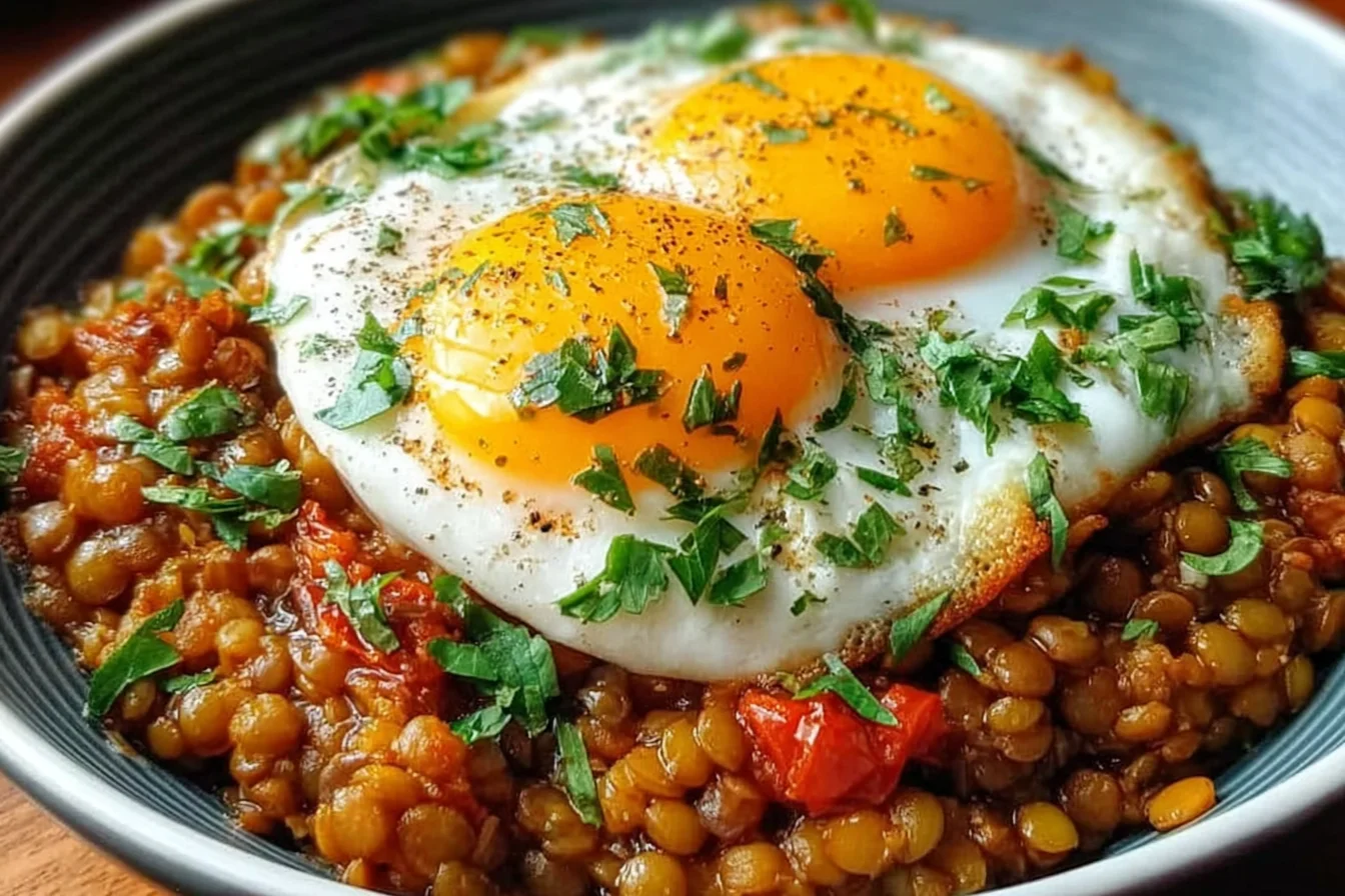 Savory Lentil Breakfast Bowl topped with two jammy sunny-side eggs, herby parsley, and hearty lentils in a rustic bowl.