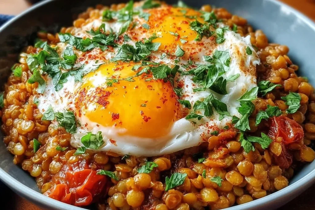 Savory Lentil Breakfast Bowl with smoky lentils and tomatoes, topped with two runny eggs, paprika, and fresh parsley in a gray bowl.