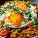 Savory Lentil Breakfast Bowl with smoky lentils and tomatoes, topped with two runny eggs, paprika, and fresh parsley in a gray bowl.