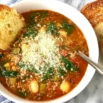 Bowl of Longevity Soup with tomatoes, beans, greens, and a parmesan sprinkle, served with toasted bread on the side.