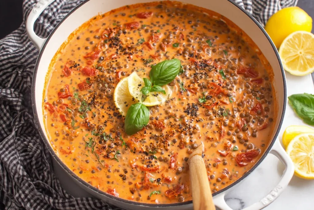Creamy Marry Me Lentils simmering in a skillet with sun-dried tomatoes, basil, and lemon slices.