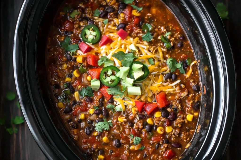 Slow Cooker Lentil Taco Chili in a crockpot, loaded with black beans, corn, tomatoes, and topped with jalapeños, avocado, cilantro, and cheese.