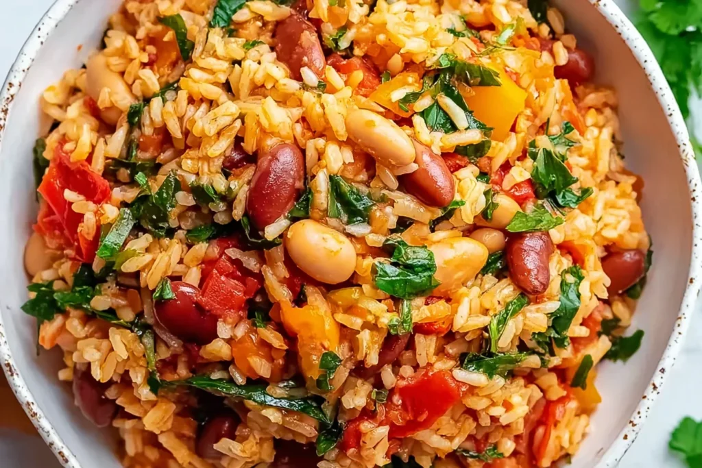 Healthy Mediterranean Rice and Beans in a bowl with fluffy rice, mixed beans, tomatoes, peppers, spinach, and fresh herbs.