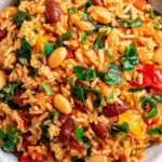 Healthy Mediterranean Rice and Beans topped with fresh parsley, featuring seasoned rice, mixed beans, tomatoes, peppers, and leafy greens.