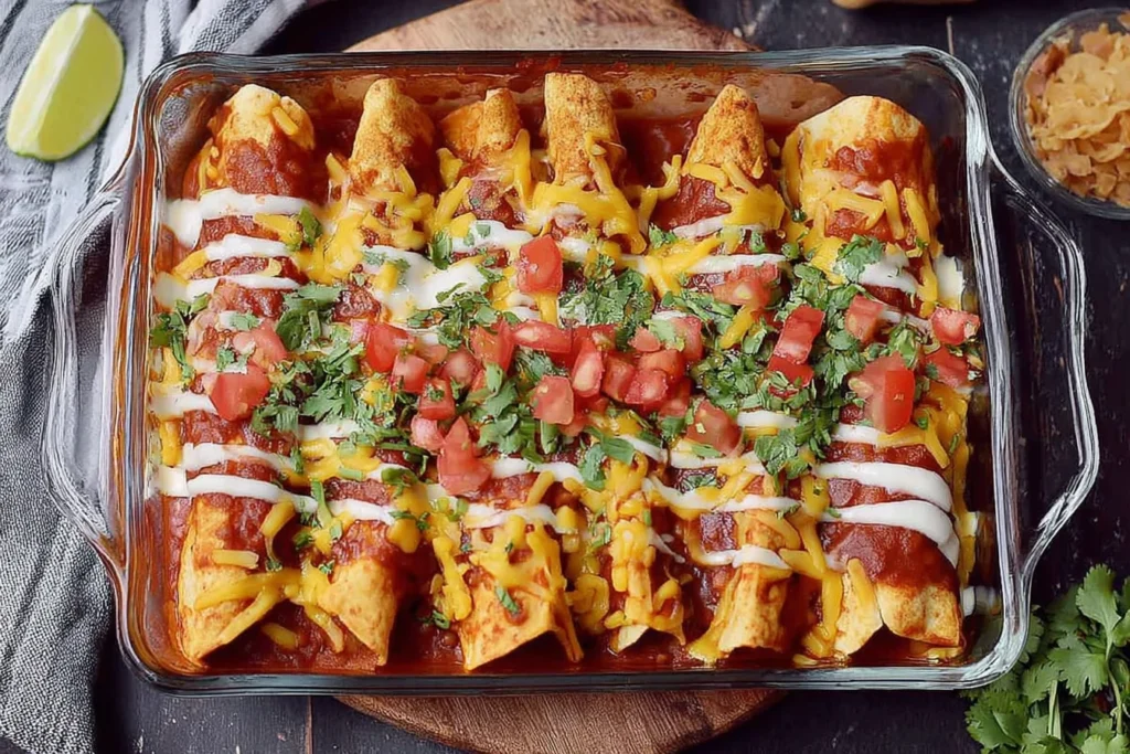 Vegan Enchiladas With Lentils baked in a casserole dish, topped with enchilada sauce, vegan cheese, cilantro, and diced tomatoes.