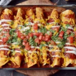 Vegan Enchiladas With Lentils baked in a casserole dish, topped with enchilada sauce, vegan cheese, cilantro, and diced tomatoes.